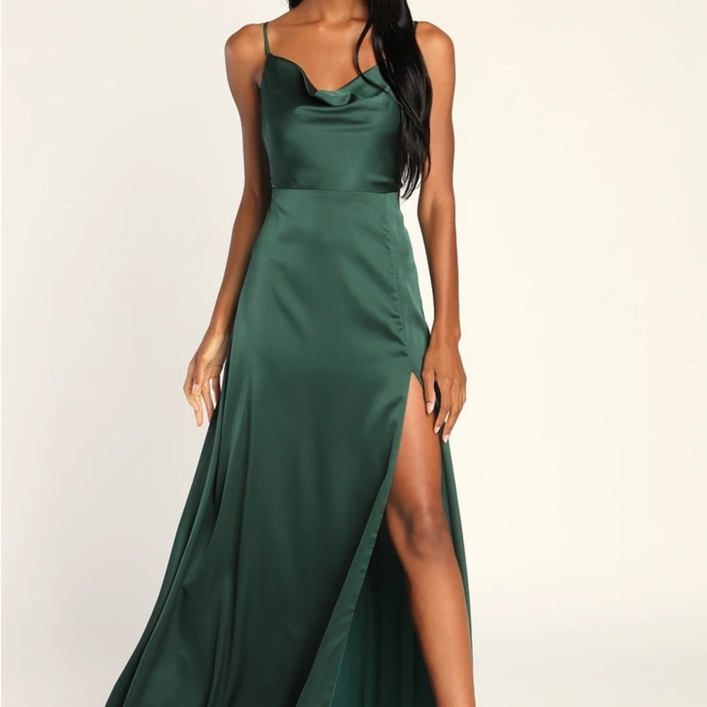 Formal Invitation Emerald Green Satin Cowl Neck Maxi Dress